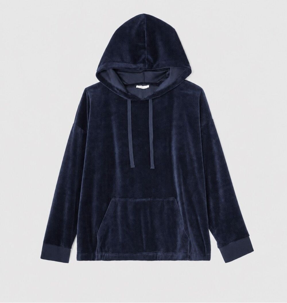 Eileen Fisher $148 Cotton Velour Hooded Top Boxy Navy oversized XXS NEW